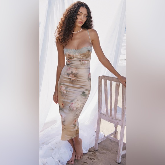 House of CB Floral Satin Midi Dress - Cream and Pink - Picture 1 of 7